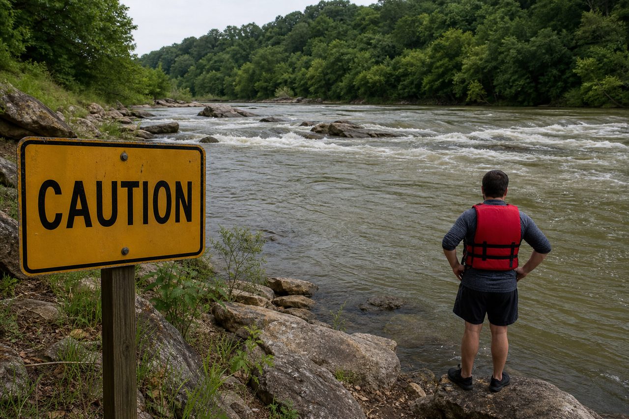 A person in a bright life jacket studies a moving Missouri river beside a yellow CAUTION warning sign on the bank.