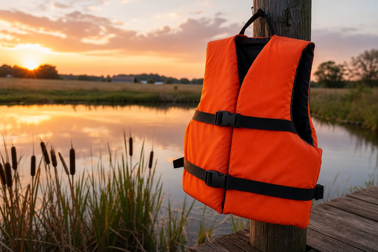 An orange life jacket hangs on a weathered dock post beside a quiet farm pond at golden hour.
