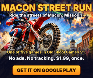 Macon Street Run: ride the streets of Macon, Missouri. One of five games in Old Skool Games V1. Get it on Google Play.